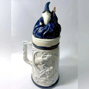 Epic Massive 14”h Viking, Dragon, Bone Handled  Ceramic Stein w/ Wizard Lid 🤯👌